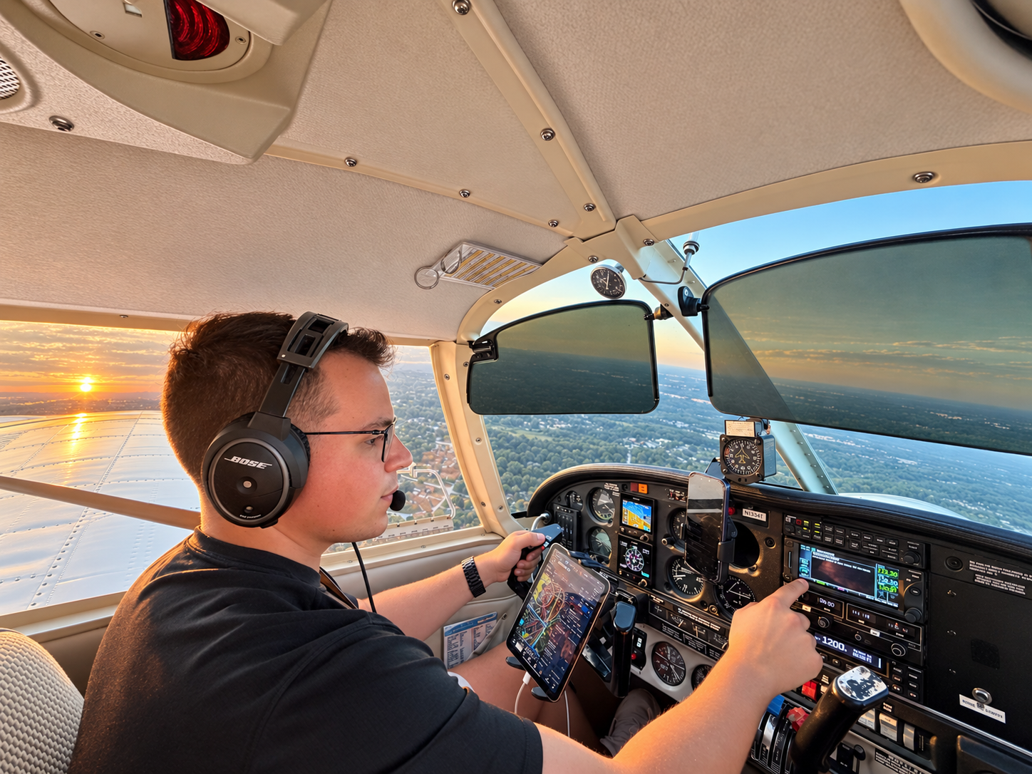Pilot flying a single-engine aircraft at sunset, real-world aviation operations.